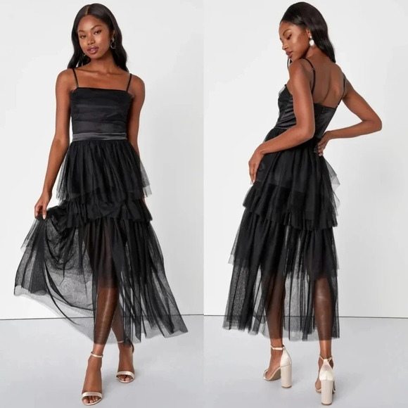 Lulu's Sultry Sweetness Black Tiered Tulle Maxi Dress M Wedding Party Guest Dark - Picture 1 of 11